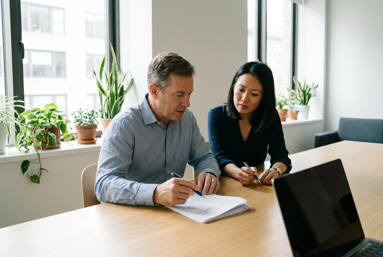 Business owner reviewing candidate notes with a colleague at a bright office table