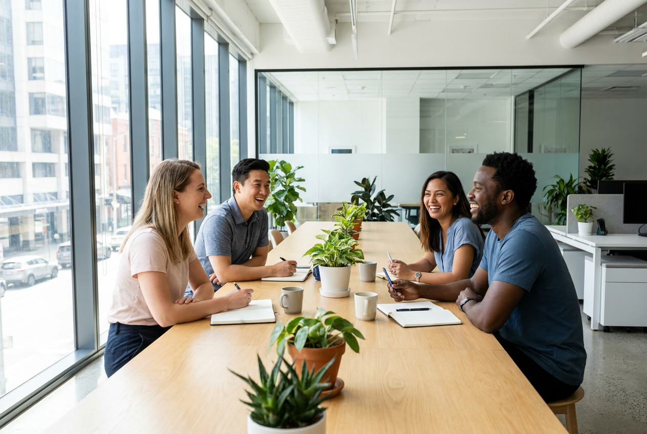 Small team laughing during a planning meeting in a sunny office with plants