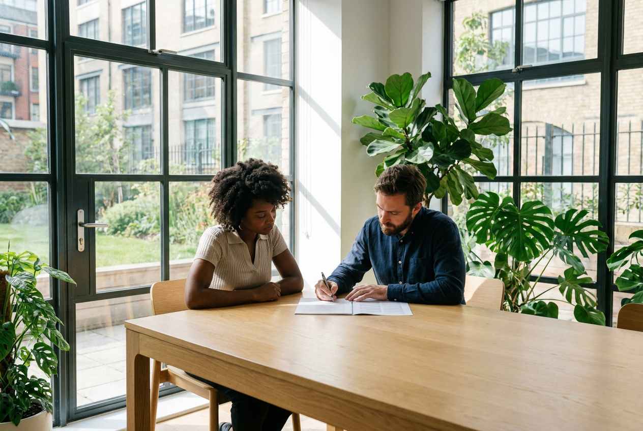 Two coworkers reading a printed document together at a light oak meeting table