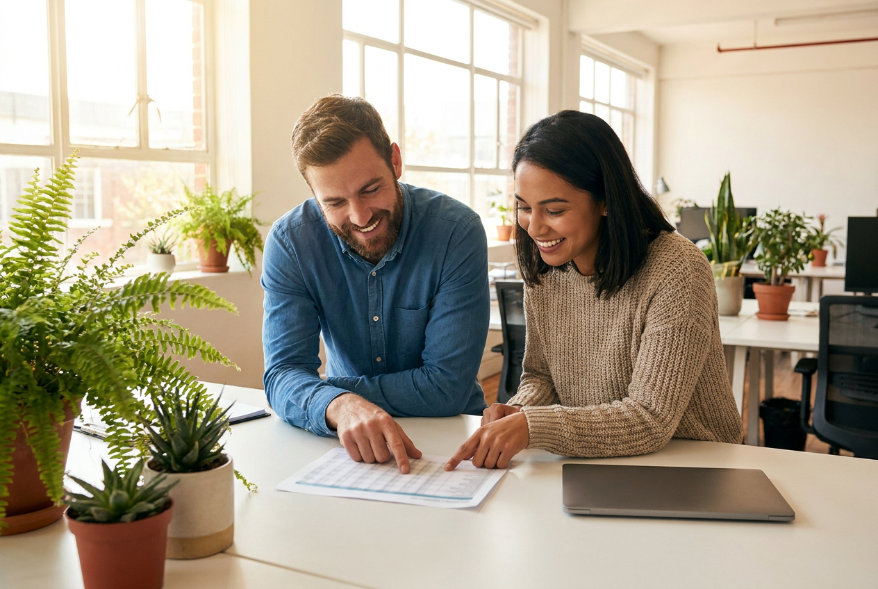 Business owner and colleague comparing a monthly budget sheet at a white desk