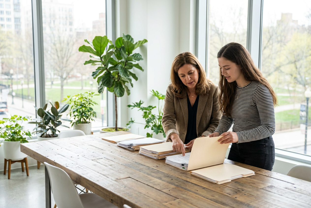 Operations manager and colleague sorting invoices and folders at a sunlit office table