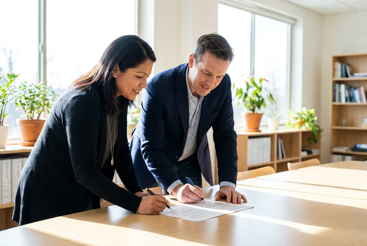 Practice manager and a staffing provider reviewing a printed agreement at a bright conference table