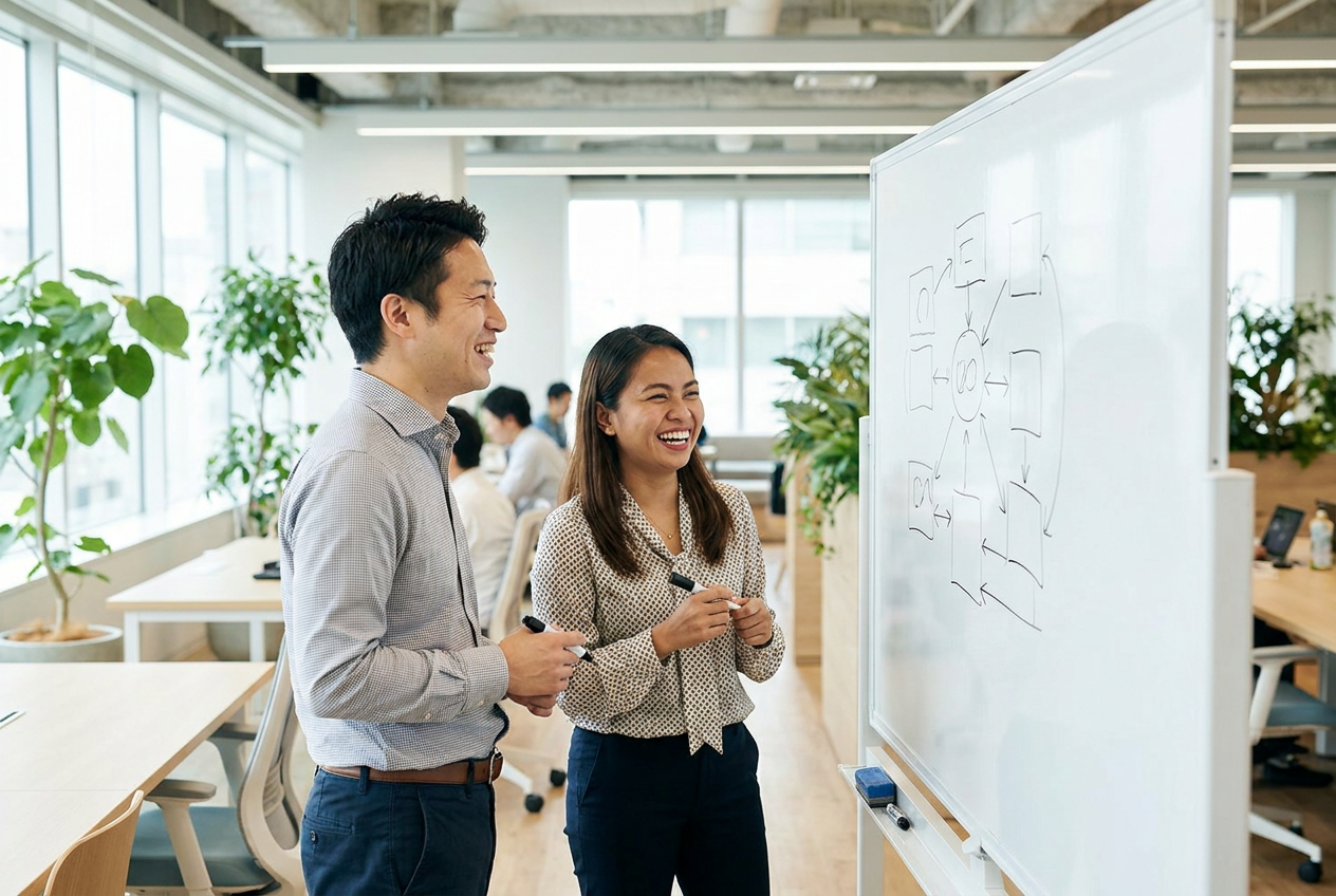 Two colleagues mapping a work process on a whiteboard in a bright office