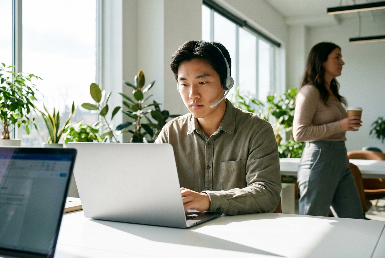 Assistant with a headset working on a laptop at a clean desk in a sunlit office