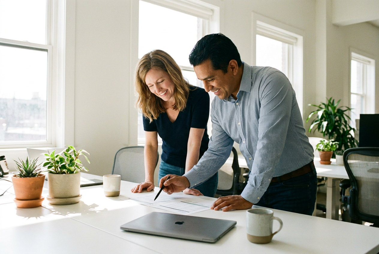 Operations manager and colleague reviewing a printed price quote at a bright office desk