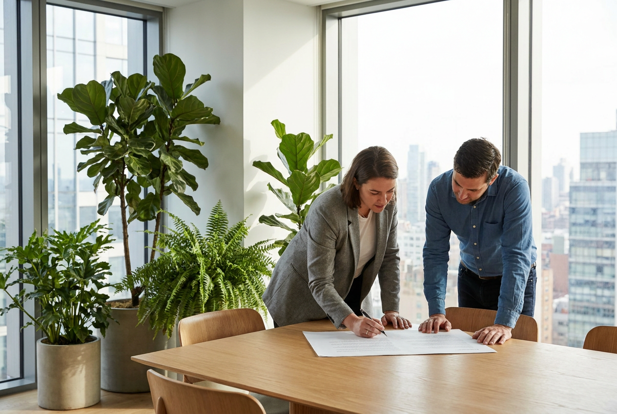 Two colleagues reviewing a printed service agreement at a light oak meeting table