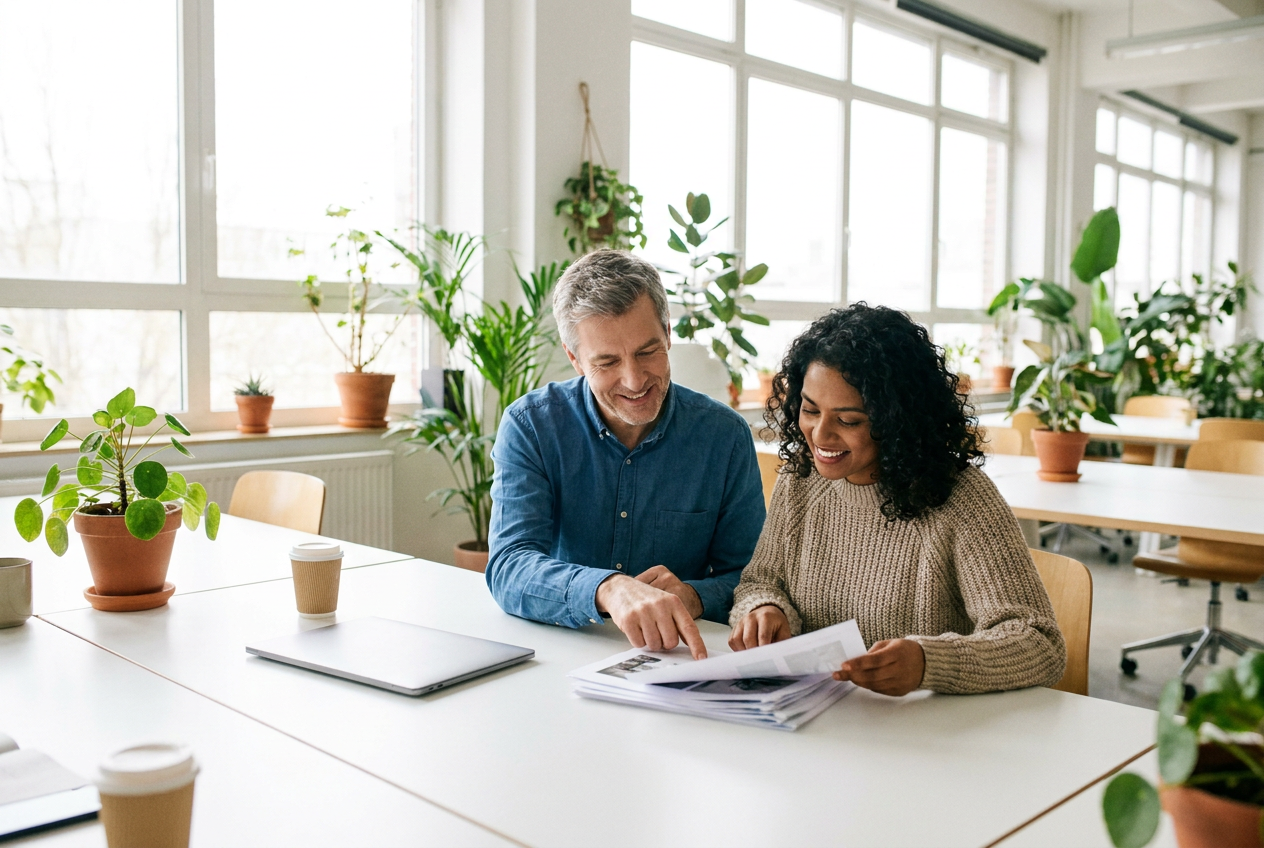 Business owner and colleague reading printed client feedback together at a bright office desk