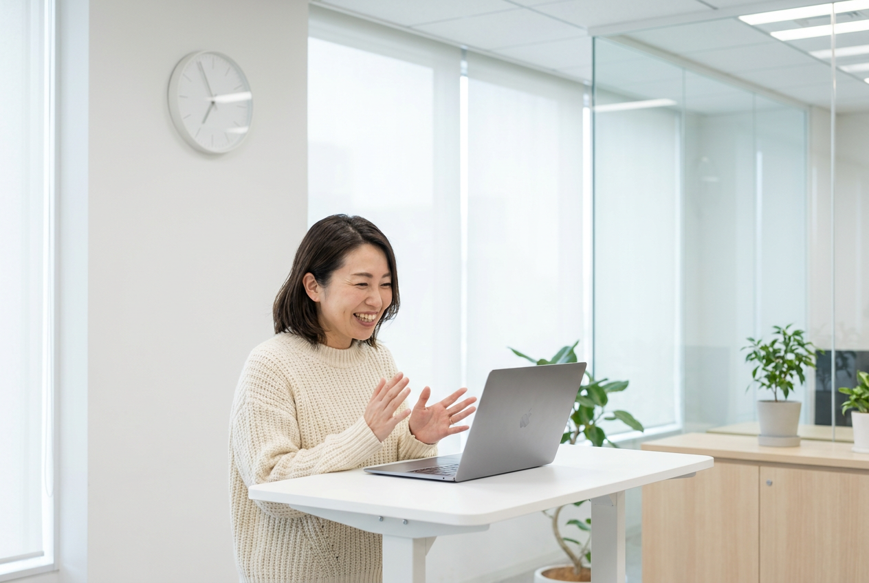 Manager on an early-morning video call at a standing desk in a bright private office
