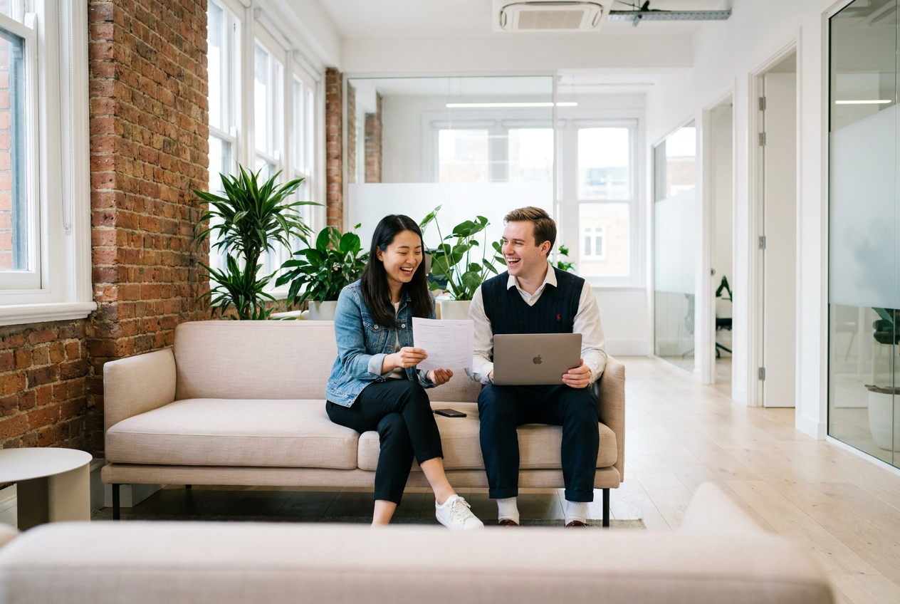 Two colleagues laughing while comparing a paper form with a laptop in a bright office lounge