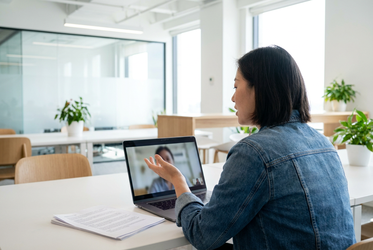 Manager on a laptop video call with a remote assistant, a printed page on the desk beside her