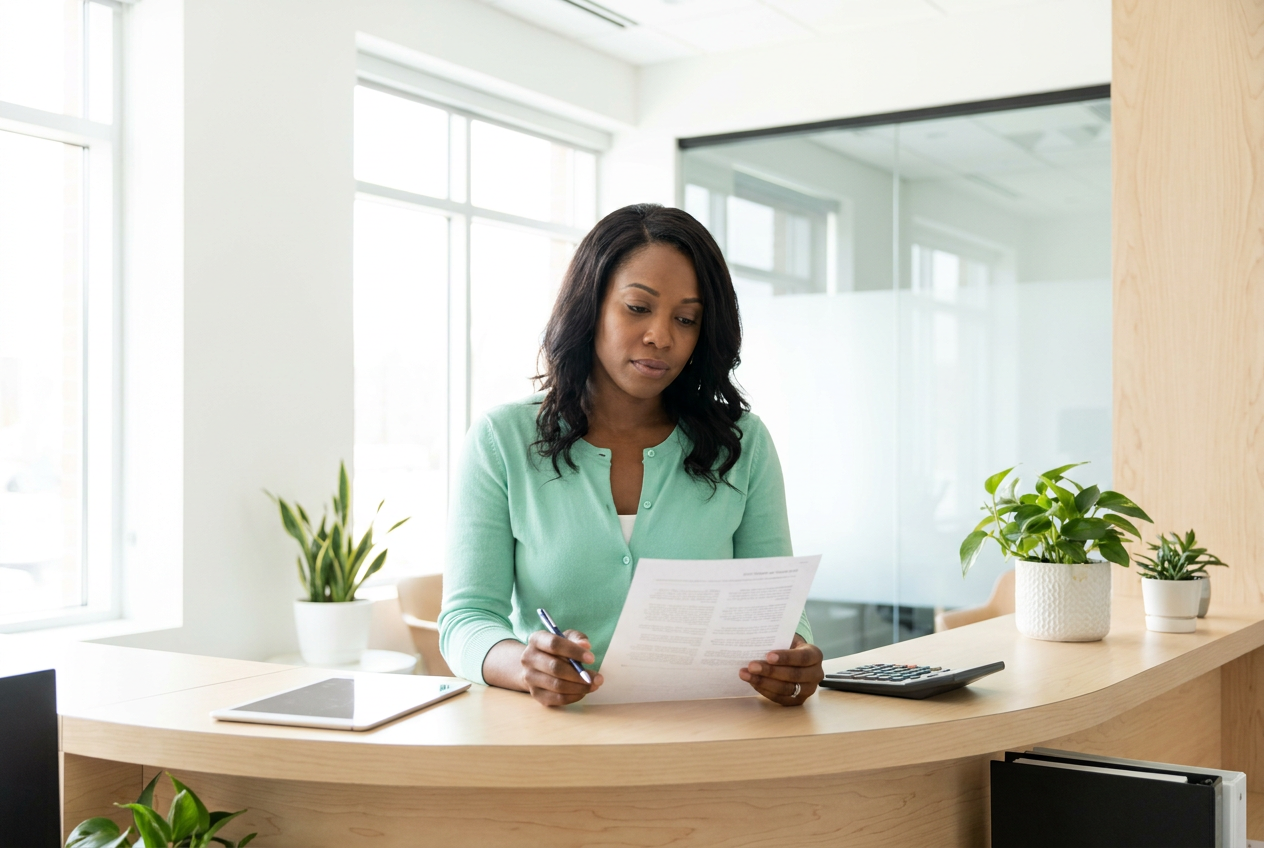 Office manager reviewing a printed list of costs with a calculator at a bright reception counter