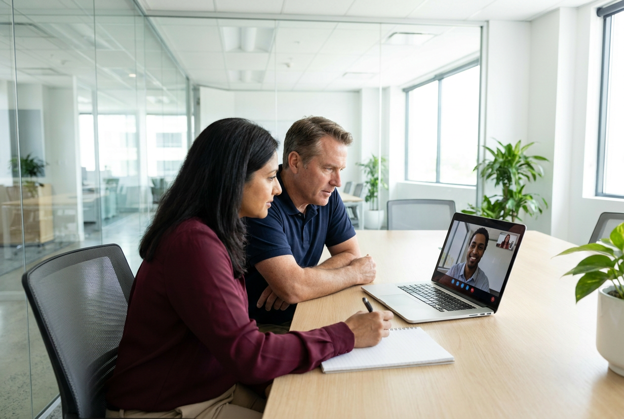 Two managers interviewing a candidate on a laptop video call in a bright glass meeting room