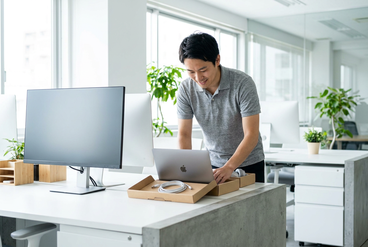 Team member setting up a new laptop and headset at a clean desk before a first day of work