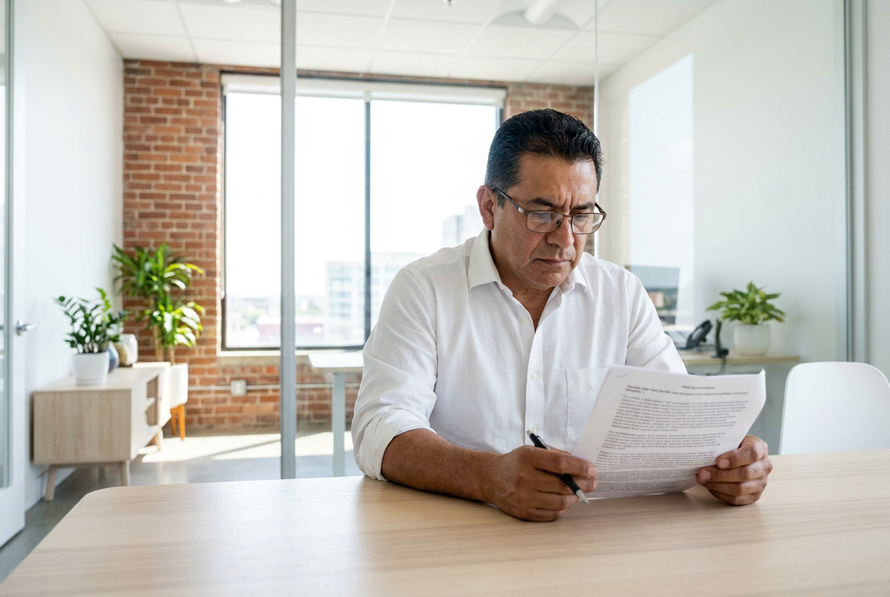 Business owner reading a printed contract with a pen in a bright private office