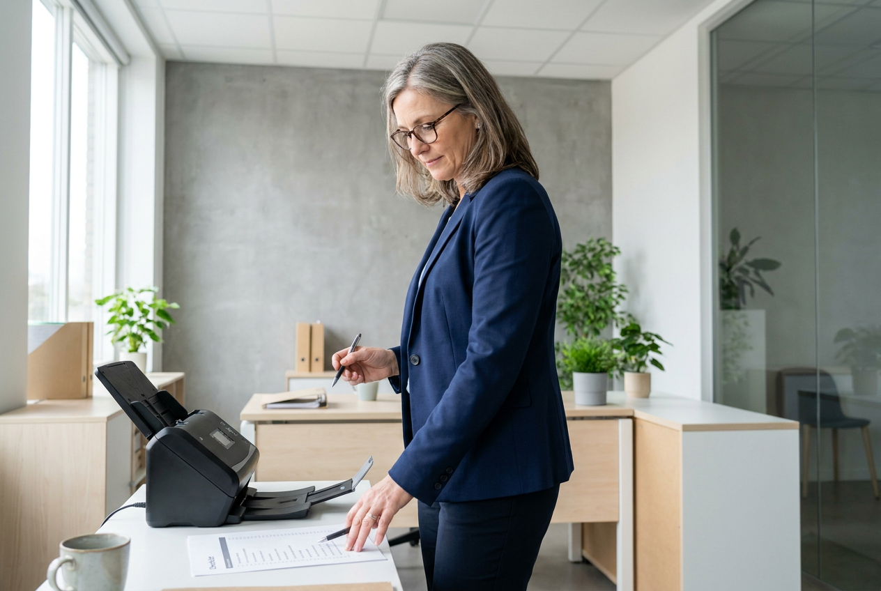 Operations lead checking a printed checklist beside a document scanner in a bright private office