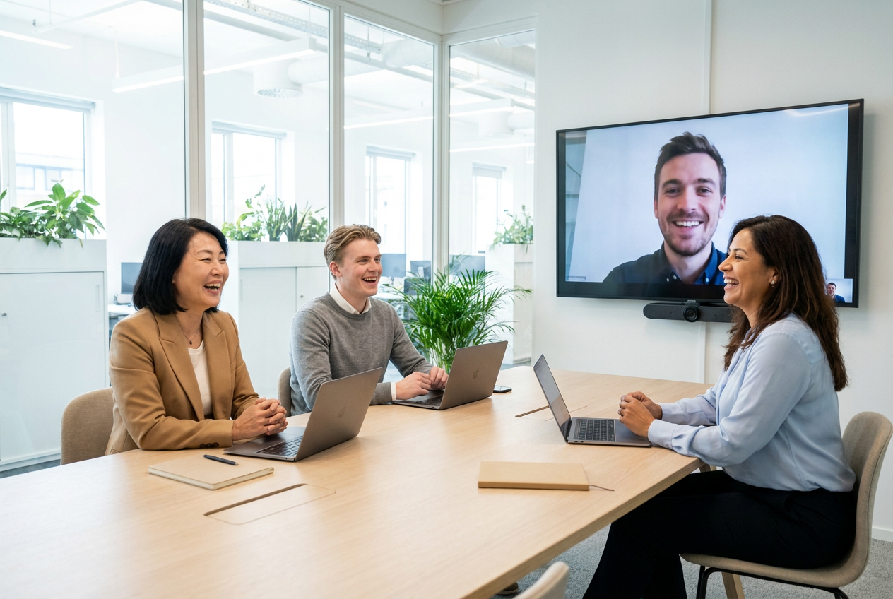 In-house team laughing on a video call with a remote colleague shown on a wall screen in a glass meeting room