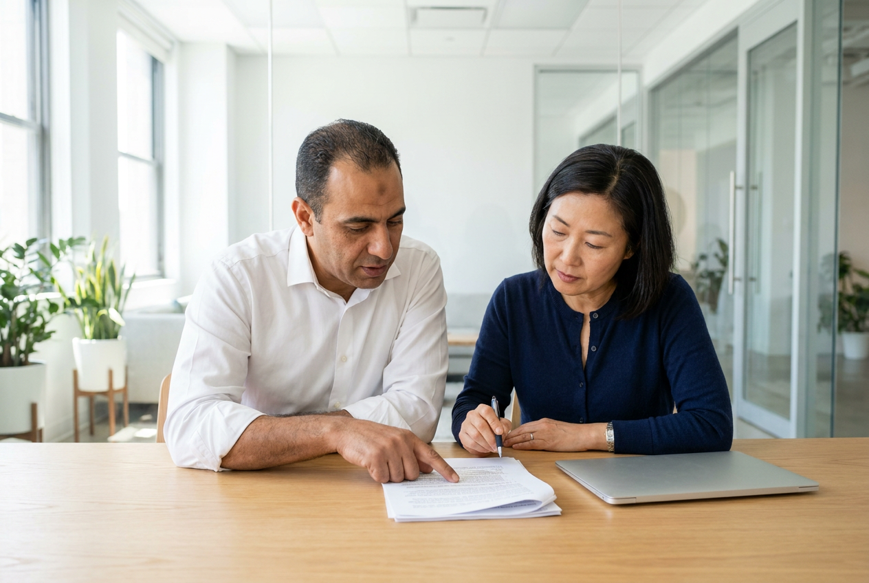 Two colleagues read through a printed service agreement together at a light wood meeting table