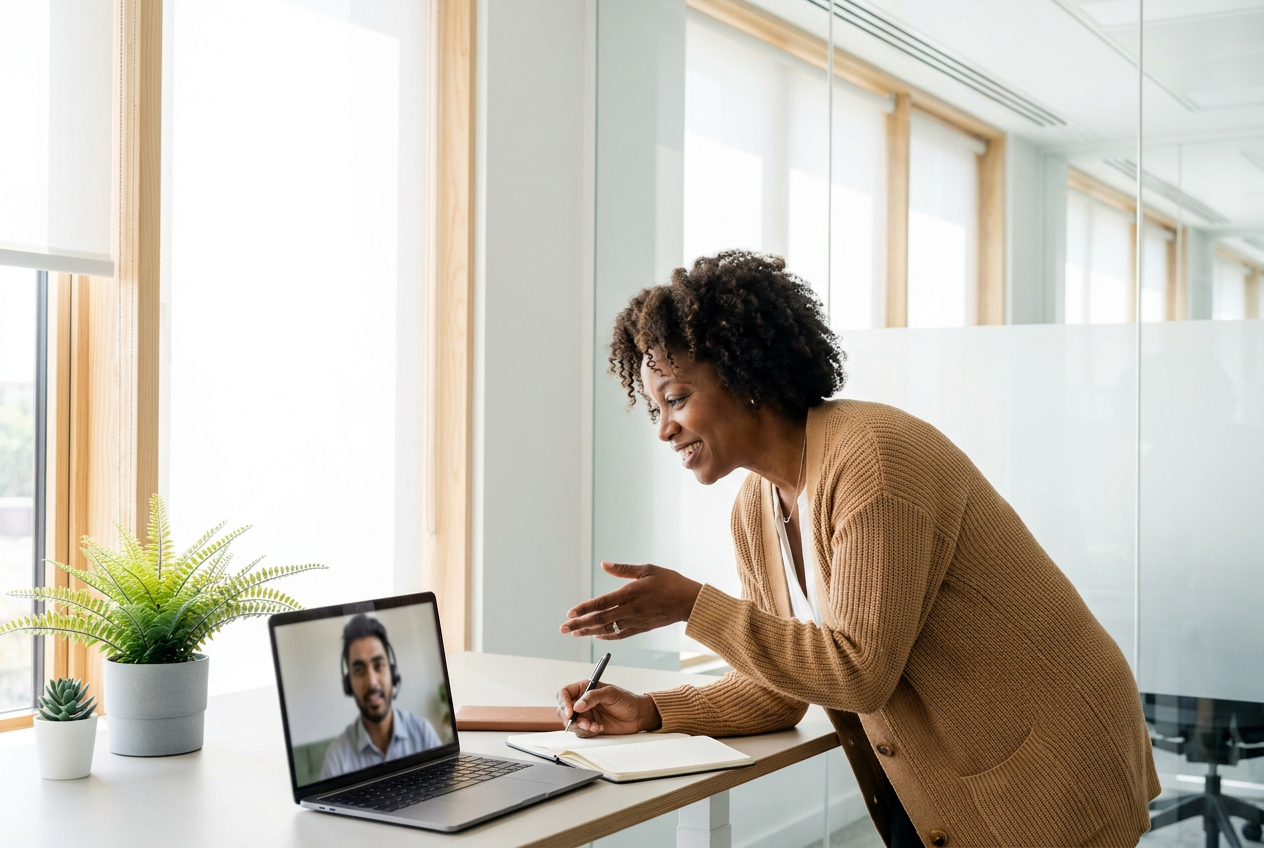 Operations manager on a video call with a remote assistant at a bright desk with plants