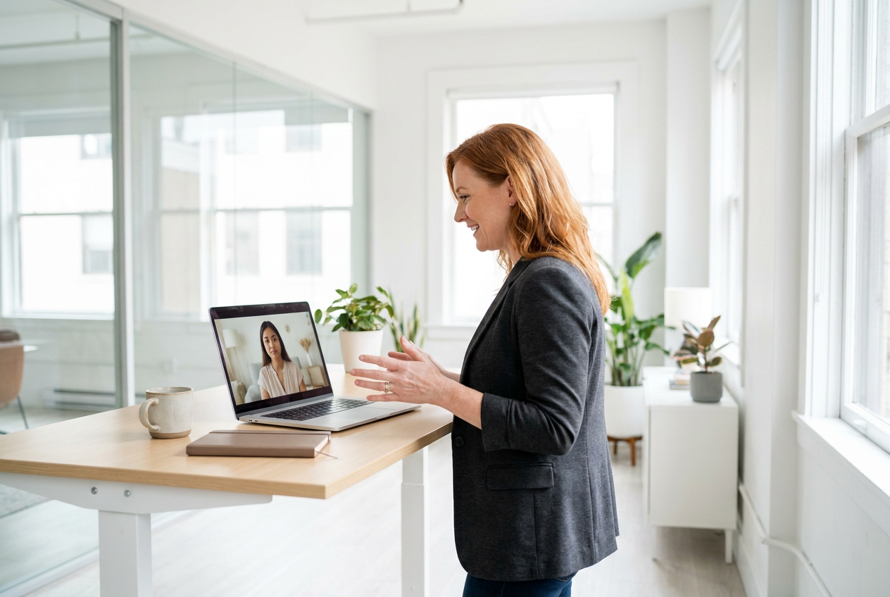 Business owner on a laptop video call with her remote assistant at a bright standing desk