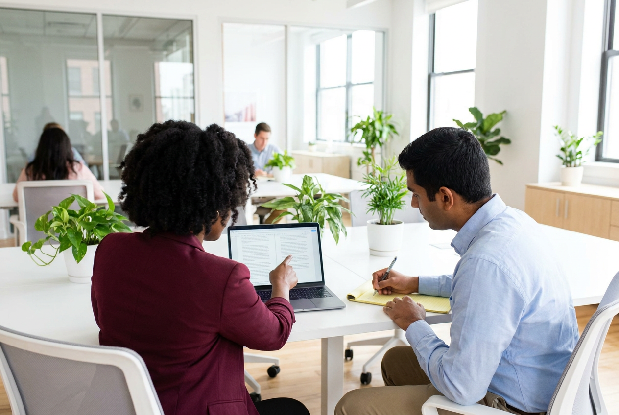 Business owner and colleague compare subscription plan options on a laptop at a bright office desk