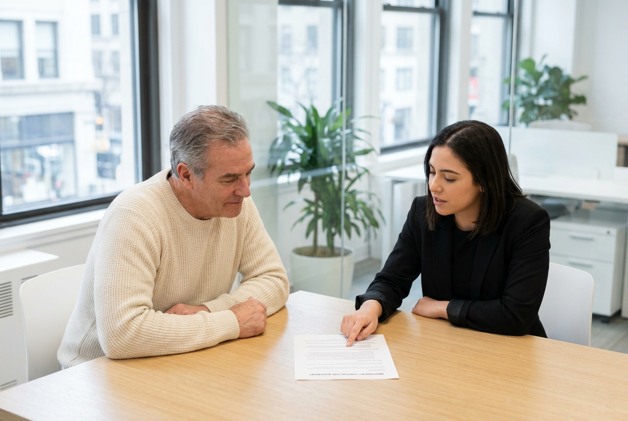 Manager and team member review a printed contractor agreement together at a light wooden meeting table
