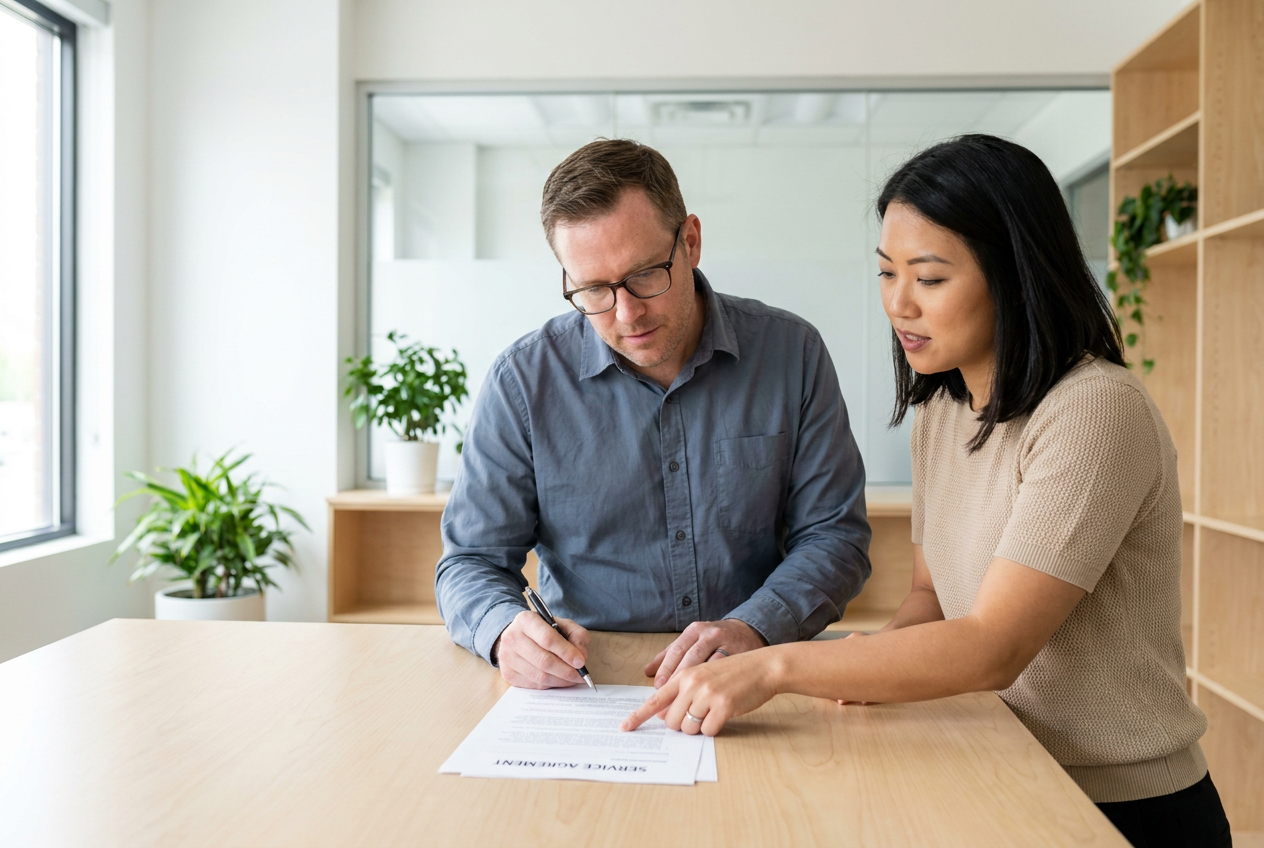 Two colleagues review the notice section of a printed service agreement at a light wood conference table
