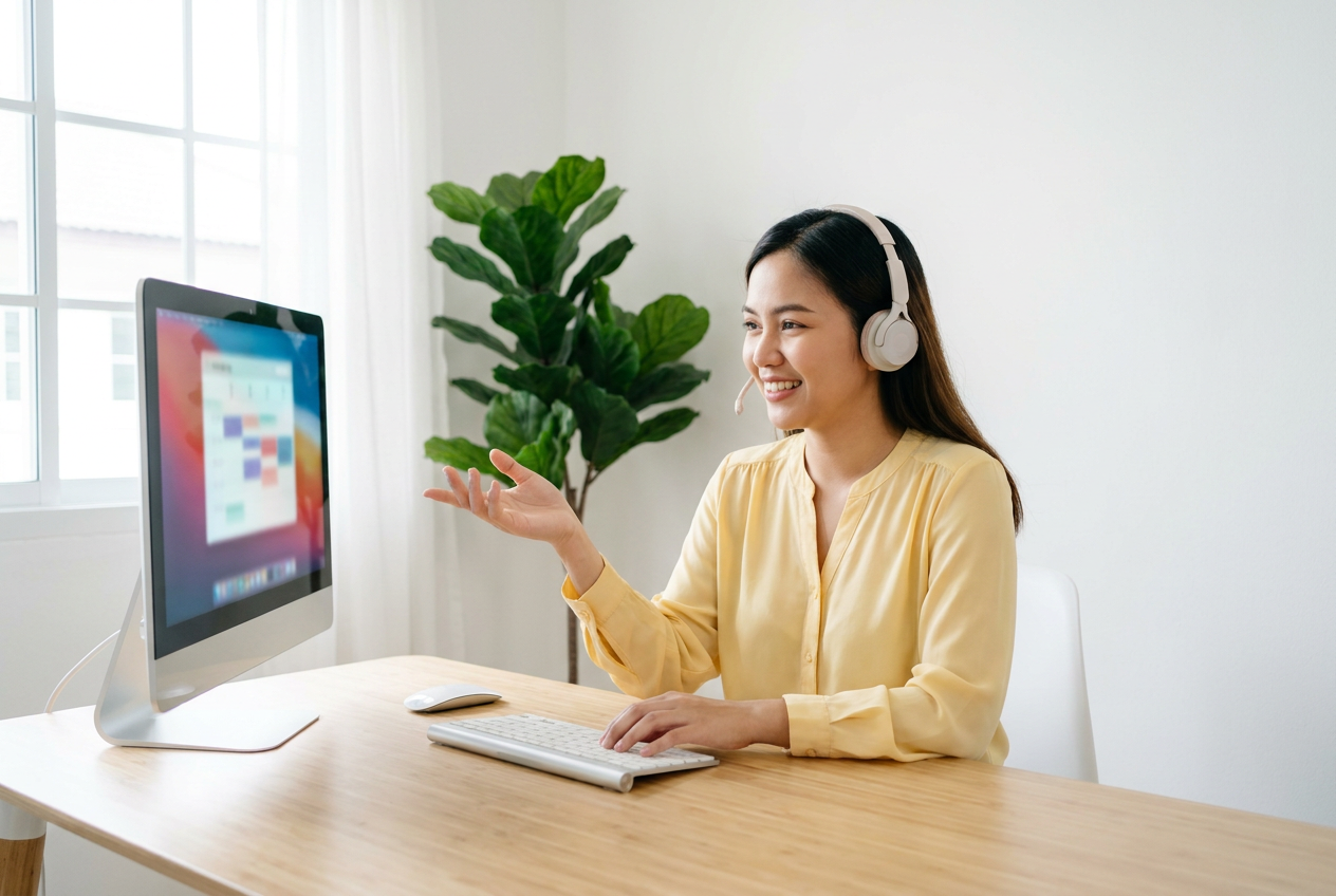 A Stellar Staff remote receptionist answering a call and booking an appointment from a bright home office