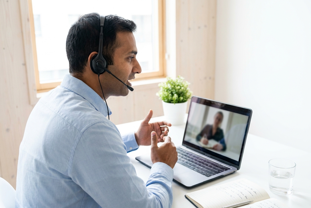 A remote receptionist candidate in a Stellar Staff spoken-English and phone etiquette check