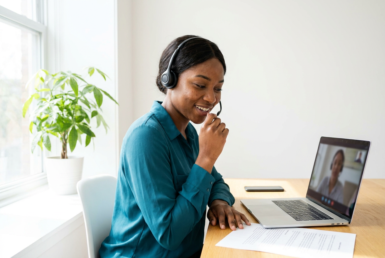 A virtual medical receptionist candidate in a Stellar Staff phone and scheduling skills check