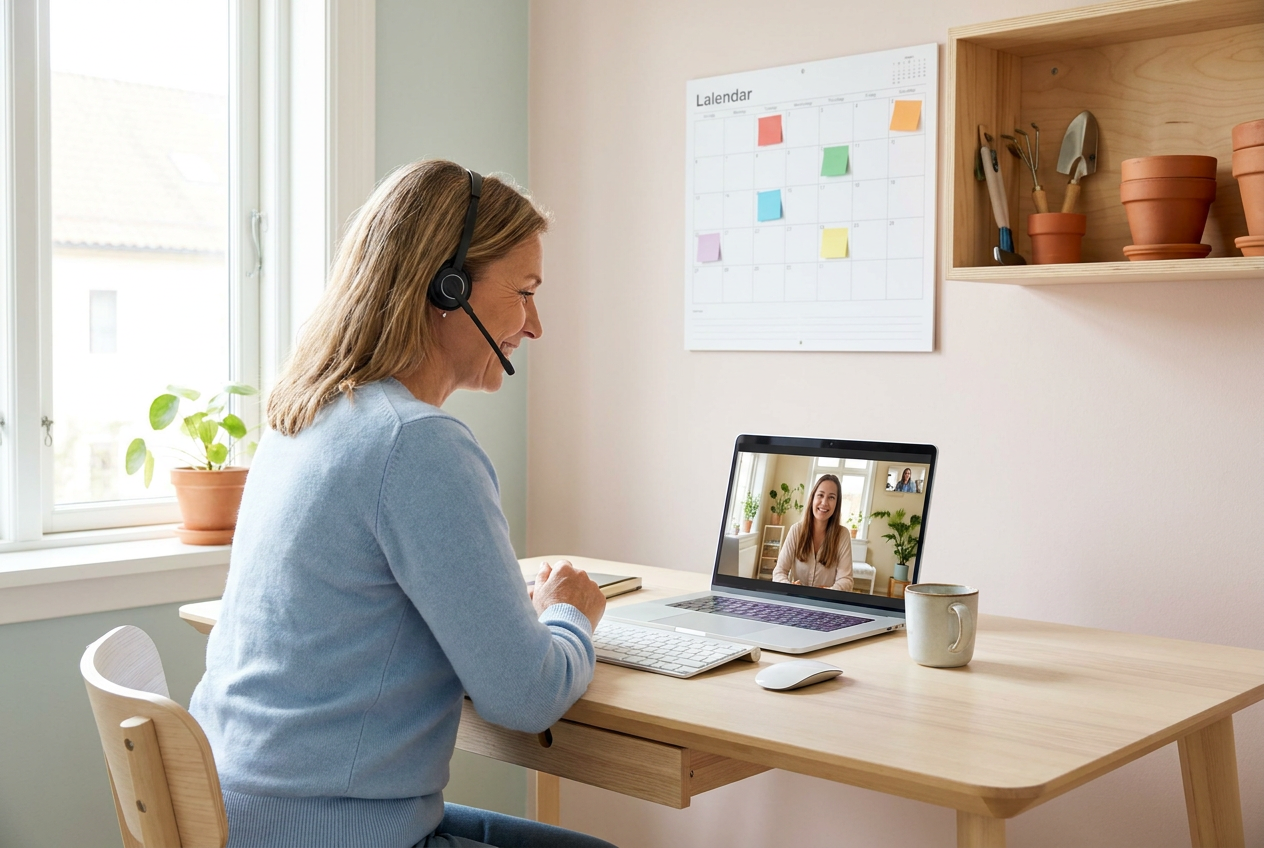 An office manager at a home repair business wearing a headset during a video call with a remote booking assistant