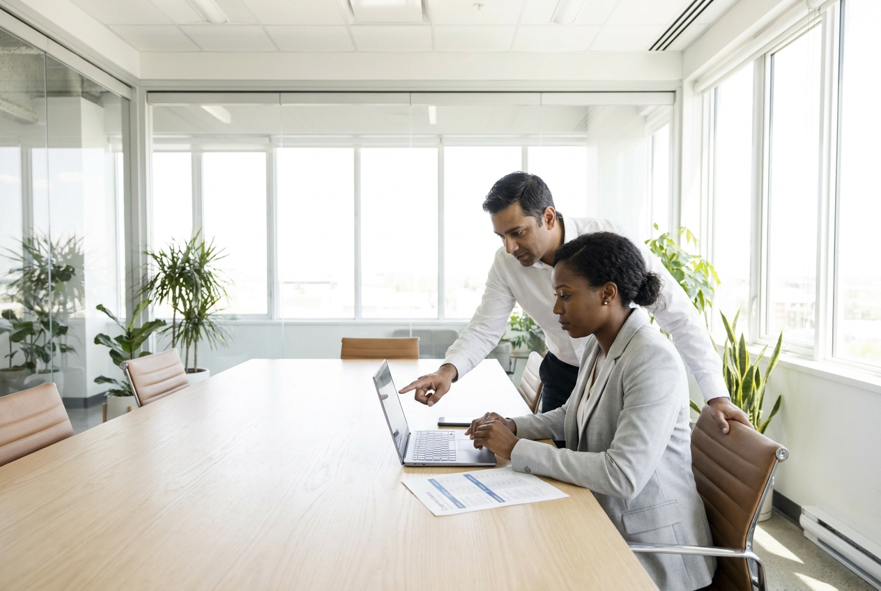 Law firm operations manager comparing staffing options on a laptop next to a printed matrix at a conference table
