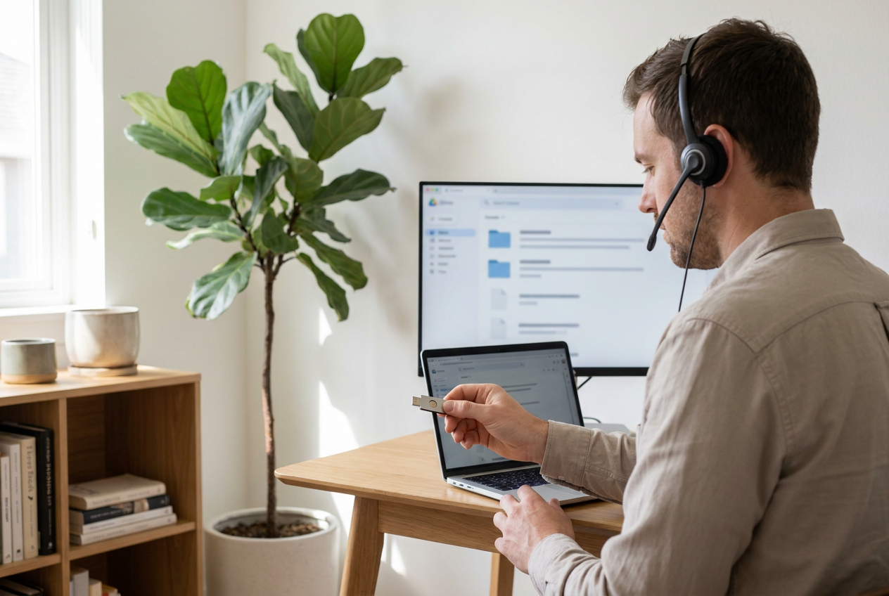 Remote legal support worker at a clean home desk signing in with a security key while a case file is open on a second monitor