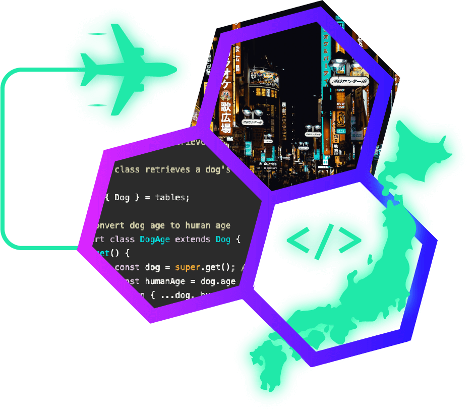 Abstract collage with neon geometric frames containing a Tokyo night street scene and computer code, overlaid on a black background with glowing green shapes.