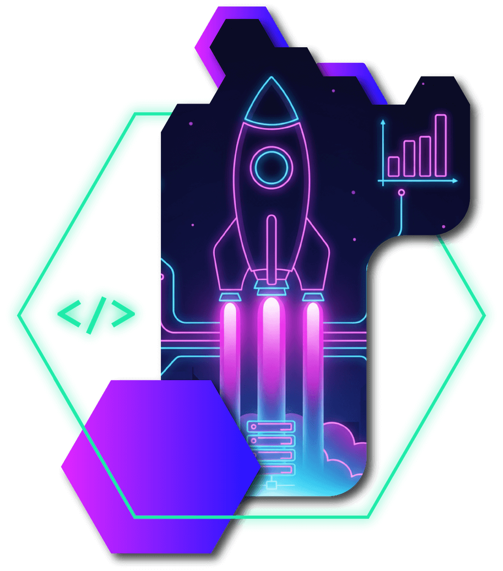 A neon-style illustration of a rocket launching upward, symbolizing growth and innovation. The rocket glows in pink and blue tones with digital circuits and data lines in the background, including a rising bar chart. Surrounding hexagonal shapes and a code symbol represent technology and progress.