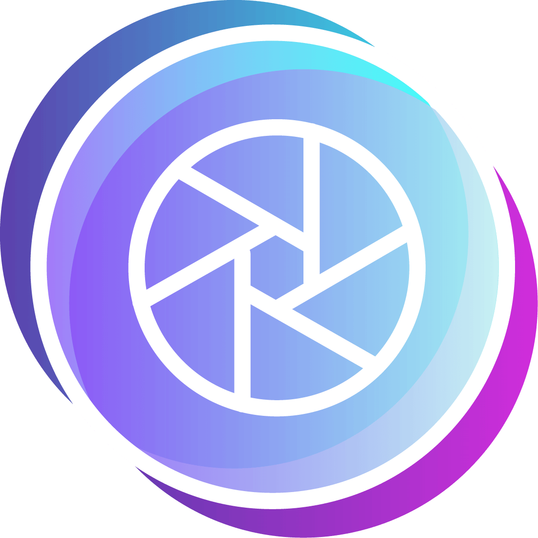Stylized icon of a camera aperture or shutter, representing focus or precision, set against a circular gradient background of blue, purple, and teal.