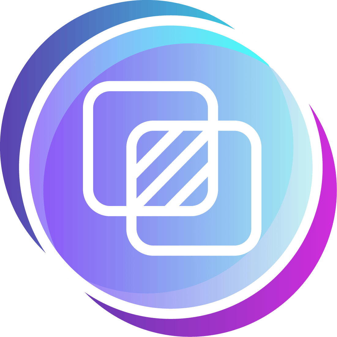 Stylized icon of two overlapping squares symbolizing layers or integration, on a circular gradient background of blue, purple, and teal.
