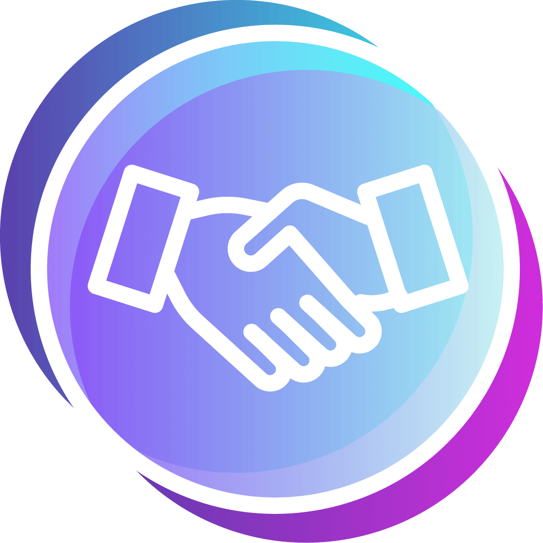 Stylized icon of two hands shaking to represent partnership or collaboration, enclosed within a circular gradient background of blue, purple, and teal.