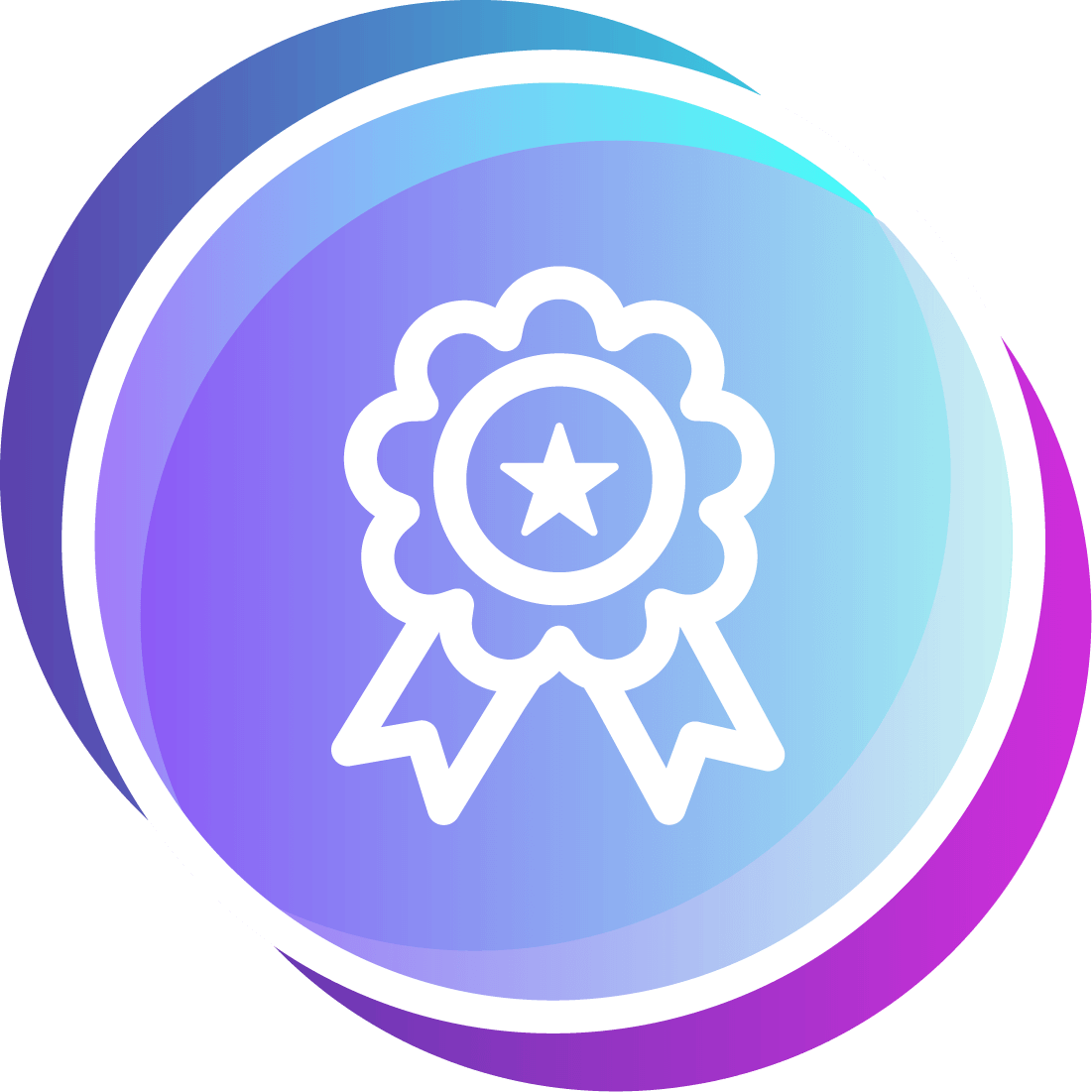 Stylized icon of an award ribbon with a star in the center, symbolizing achievement or recognition, within a circular gradient background of blue, purple, and teal.
