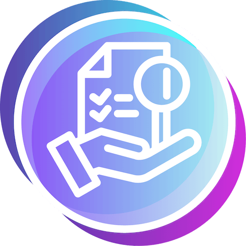 Stylized icon of a hand holding a document with a checklist and magnifying glass, inside a circular gradient background of blue, purple, and teal.
