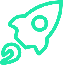 Outlined rocket ship icon symbolizing deployment or launch, in bright teal color.