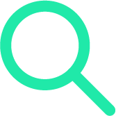 Magnifying glass icon representing discovery or search, in bright teal color.