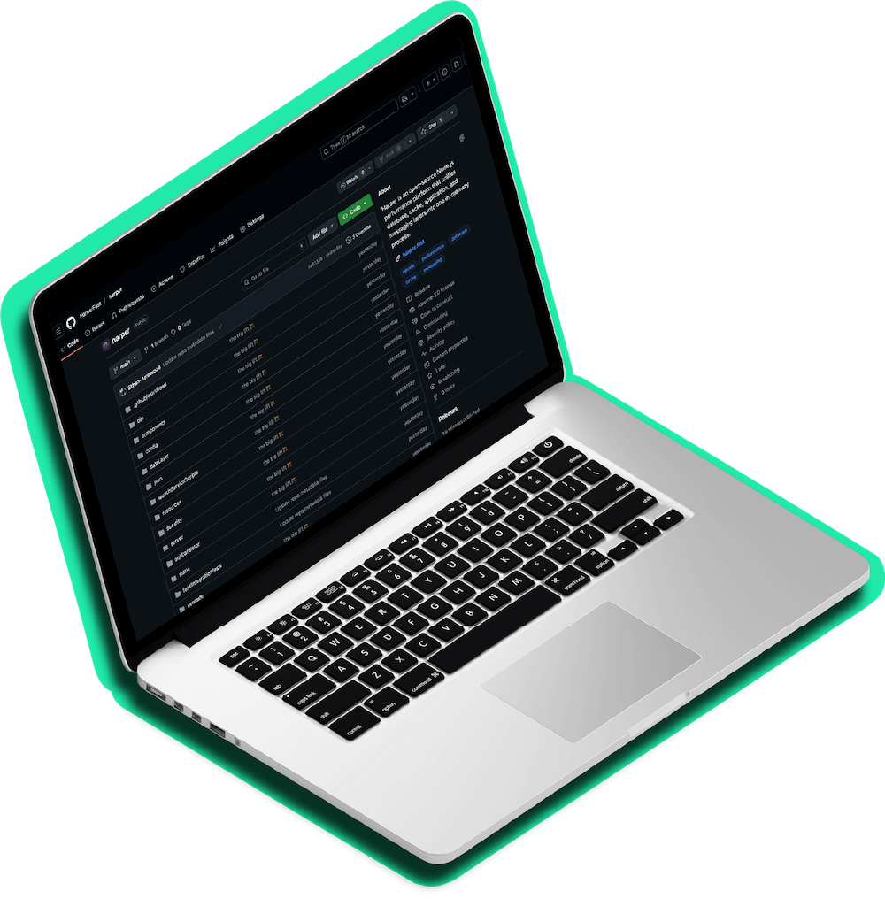 A silver laptop with a glowing teal outline displays a GitHub repository open in dark mode. The screen shows folders and files from the “harper” project.
