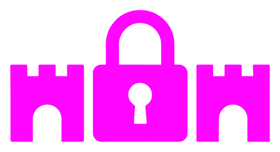 Padlock icon flanked by castle turrets with battlements and arched doorways, representing fortified security or data protection