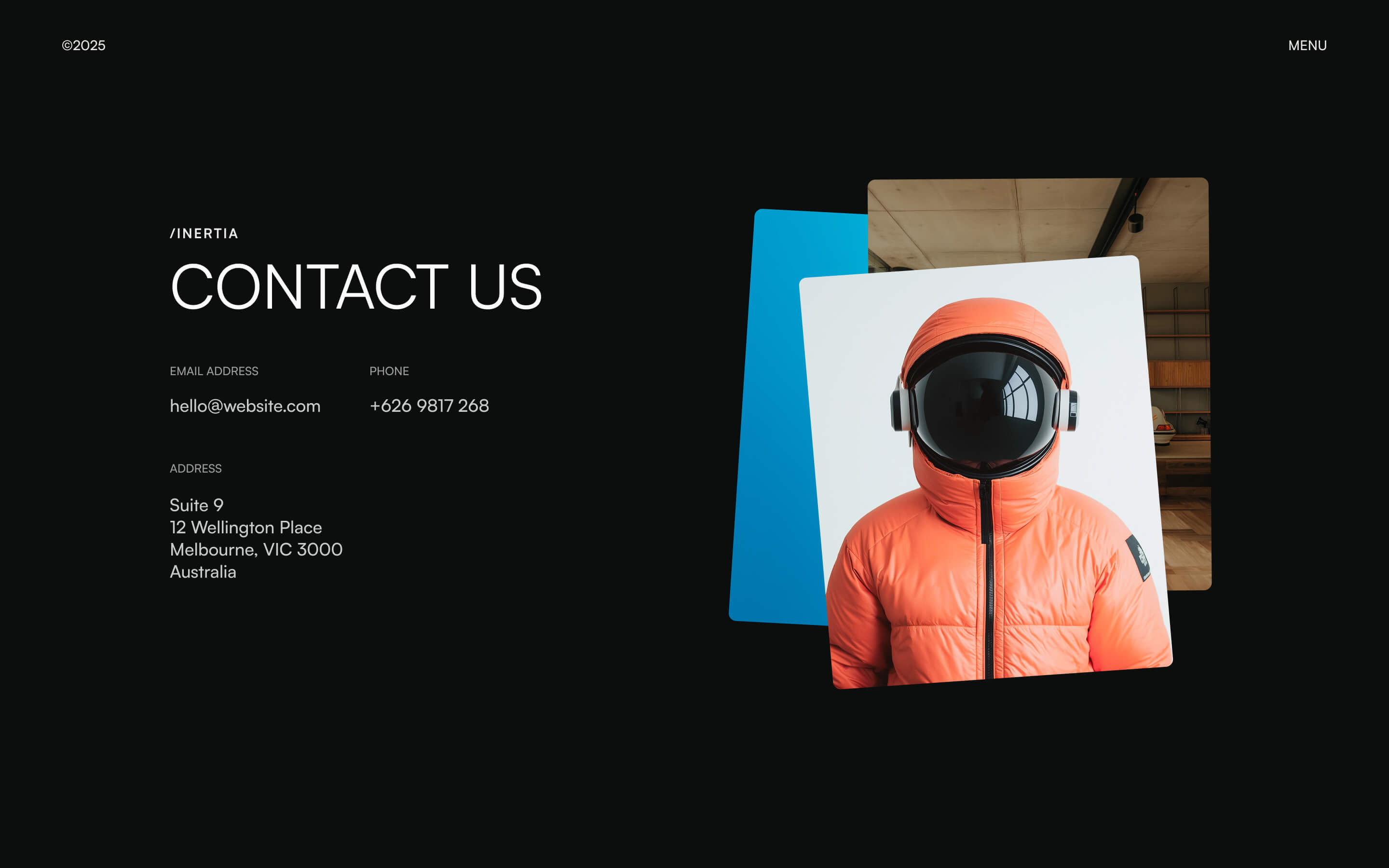Contact page with email, phone number, address, and an image of a person wearing an orange puffer jacket and a black reflective helmet.