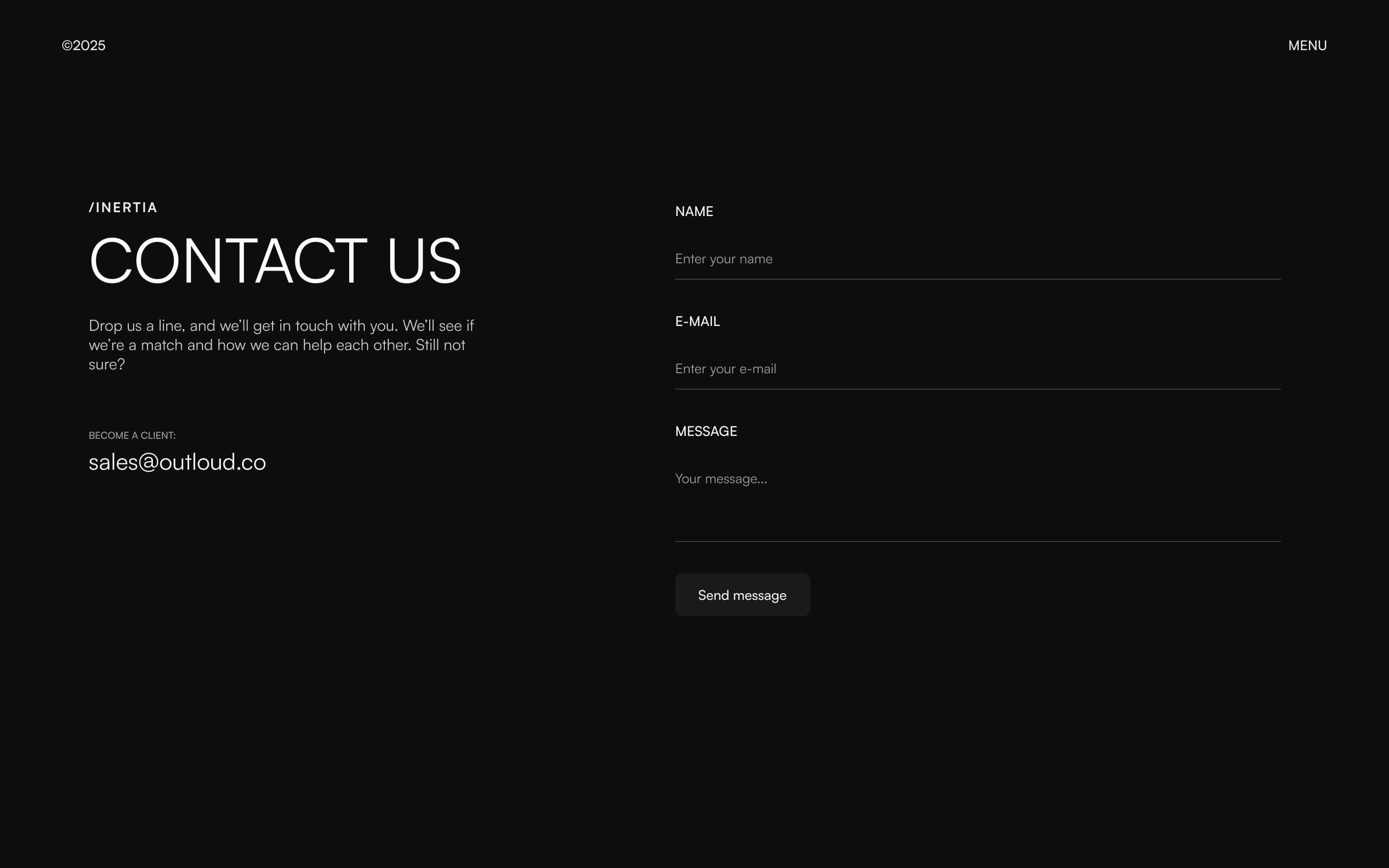 Dark-themed contact us page with fields for name, email, and message, and a send message button on the right; contact email sales@outloud.co on the left.
