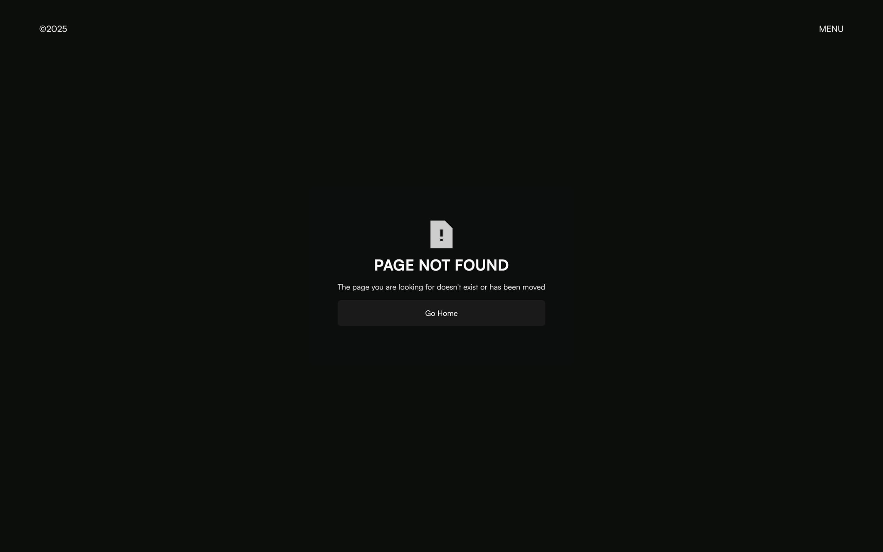 Dark-themed webpage displaying a 'Page Not Found' message with an exclamation icon and a 'Go Home' button.