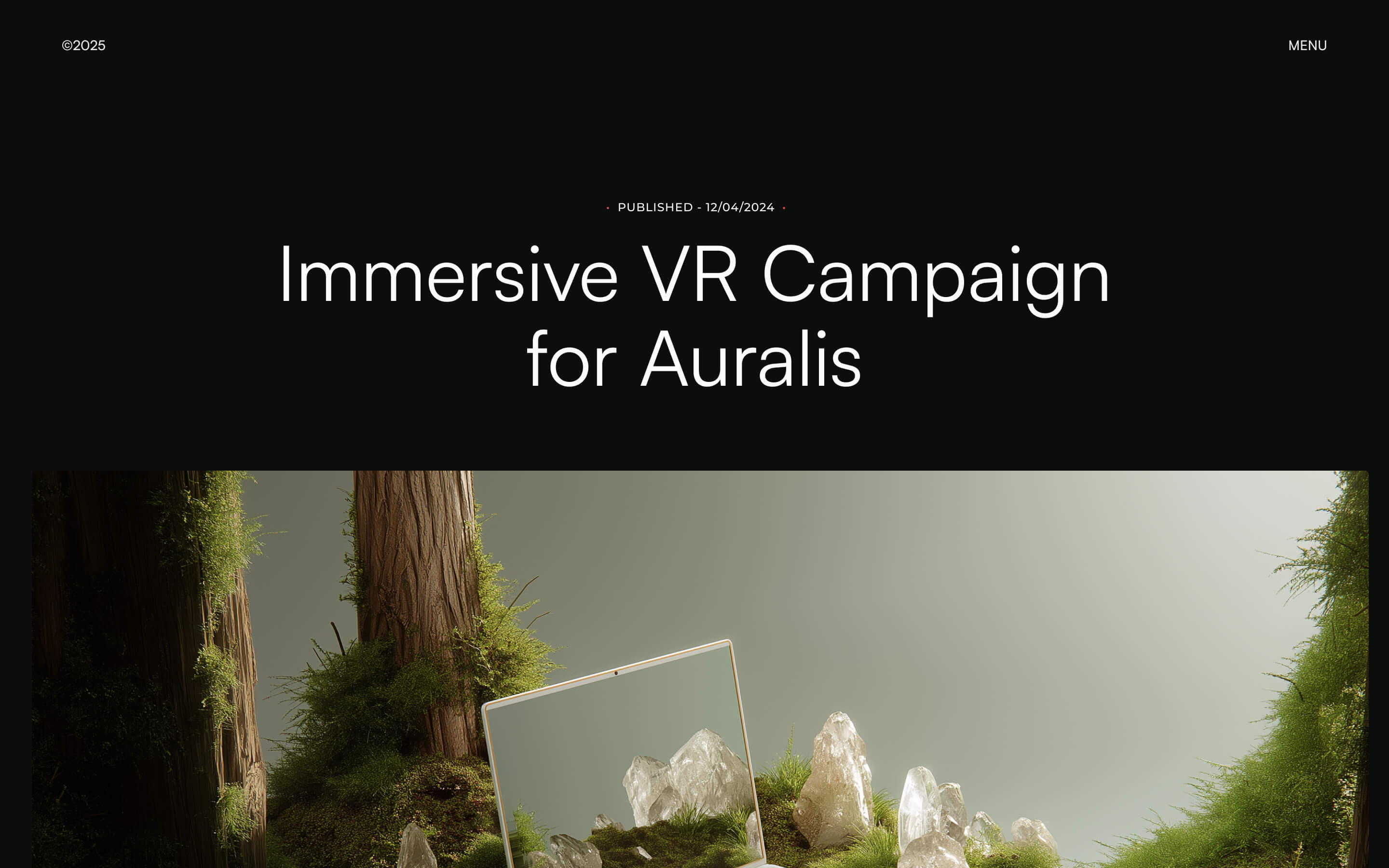 A tablet displaying a natural scene with rocks and plants blends into a real forest background with tree trunks and moss.