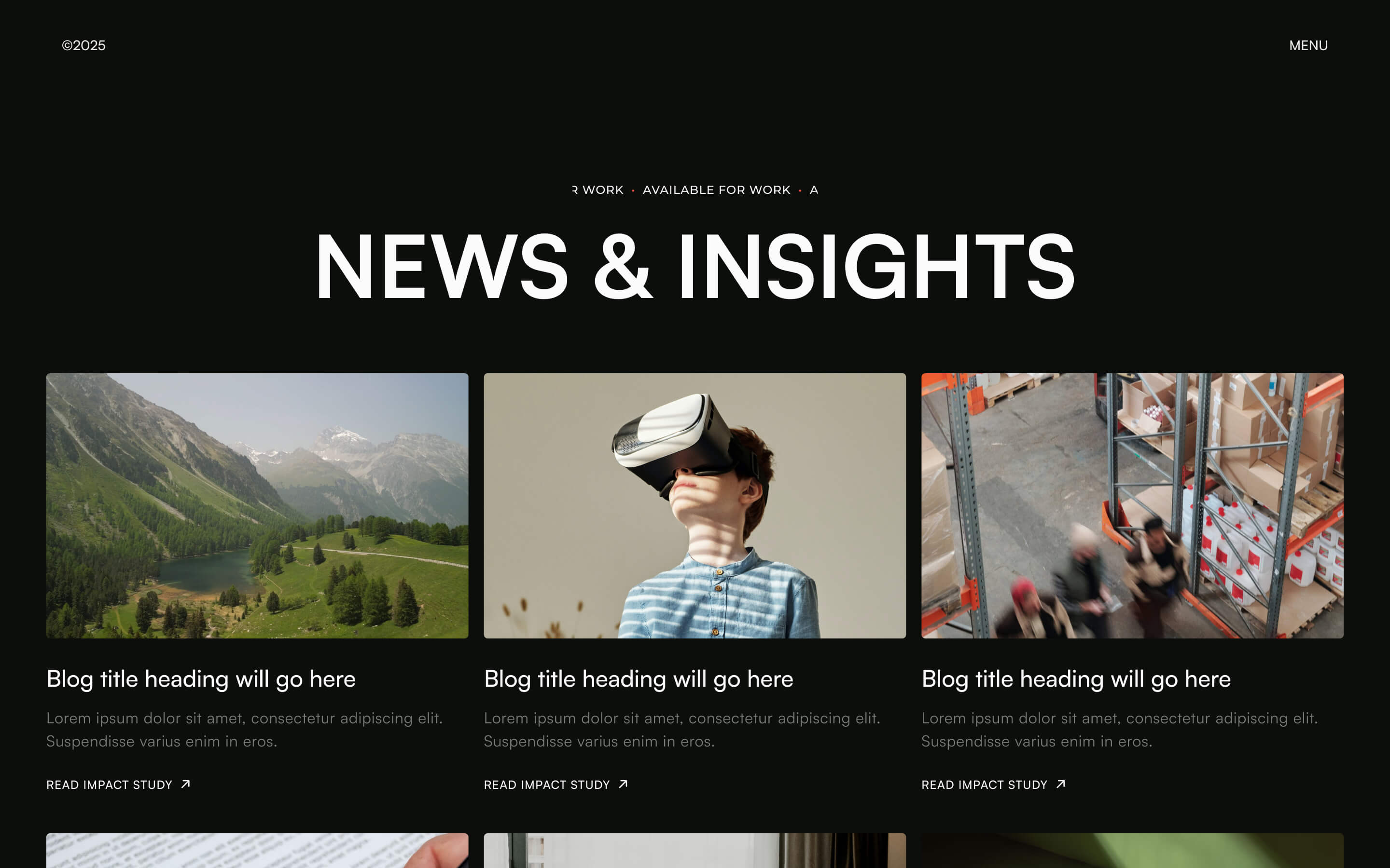 Website news and insights section showing three blog previews: mountain landscape, boy with VR headset, and people in warehouse.