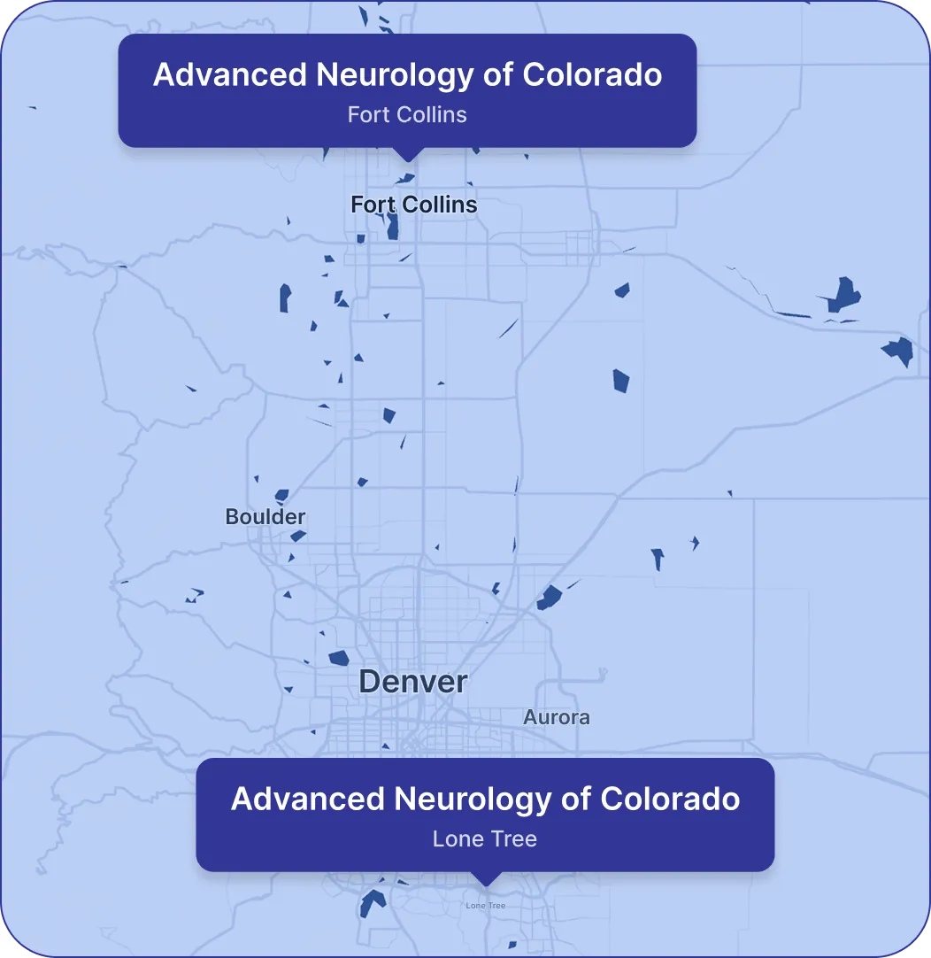 Map of Colorado showing locations of Advanced Neurology of Colorado in Fort Collins and Lone Tree.