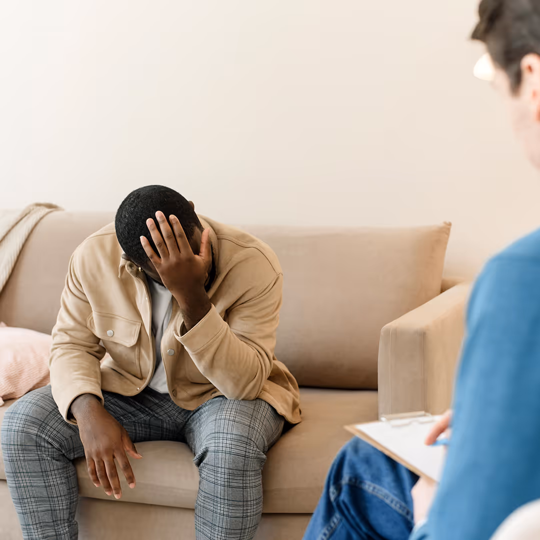 Client distraught by ptsd and trauma. Receiving therapy and counseling at Hope Speaks in Richardson TX